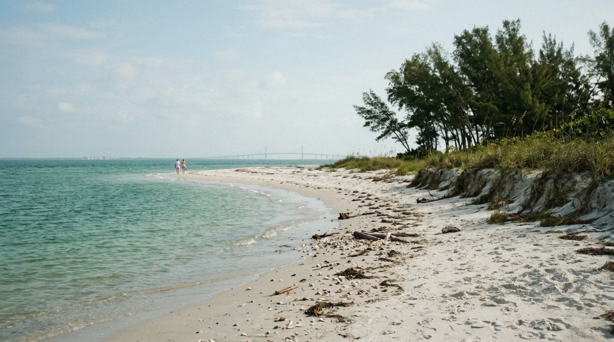 The pale sand spit and shallow green water at Bean Point on the north tip of Anna Maria Island, a dolphin tour hotspot