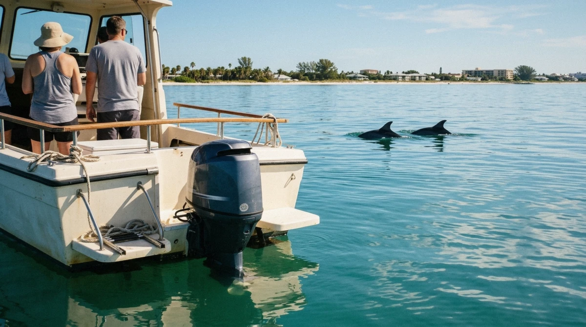 A tour boat drifting with its engine in neutral as dolphins surface at a distance during a dolphin tour off Anna Maria Island