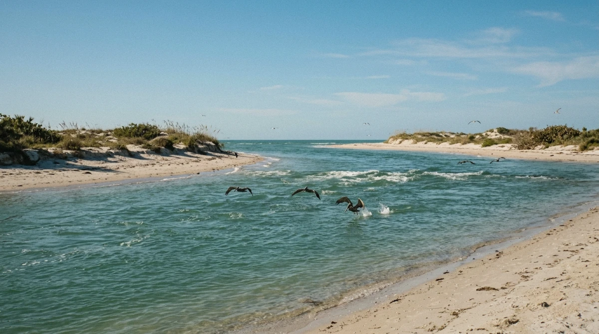 The pass beside Coquina Beach at the south end of Anna Maria Island, where the largest free parking on the island sits