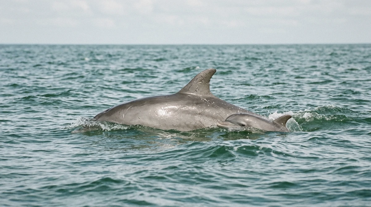 Two bottlenose dolphins bow-riding in front of a boat in the Gulf of Mexico on an Anna Maria Island dolphin tour