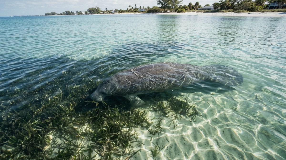A manatee grazing on seagrass in shallow clear water near Anna Maria Island, often seen on winter dolphin tours