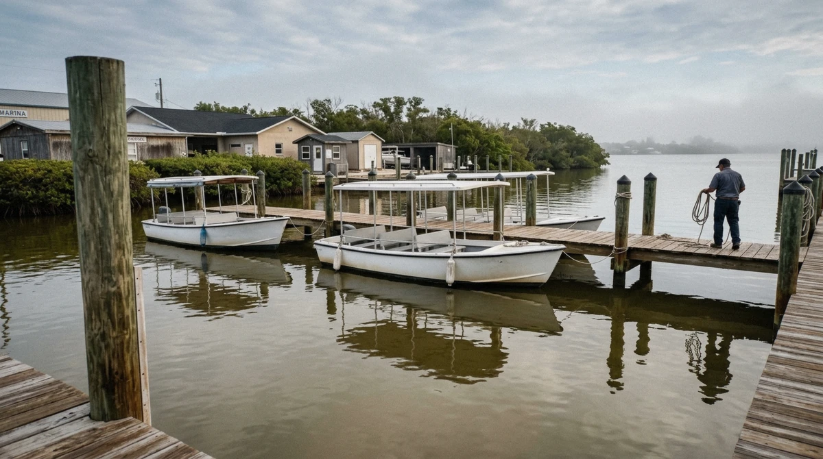 Small tour boats tied up at a marina on Holmes Beach in the early morning before an Anna Maria Island dolphin tour