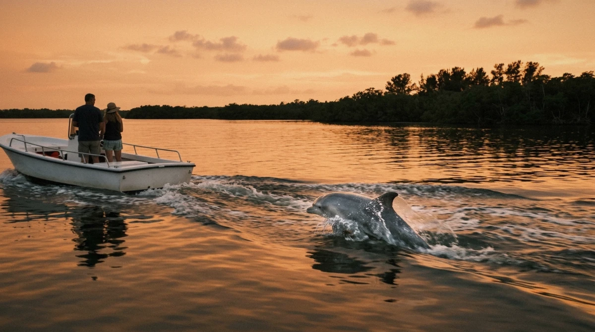 A bottlenose dolphin surfacing beside a tour boat at sunset on an Anna Maria Island dolphin tour off Holmes Beach, Florida