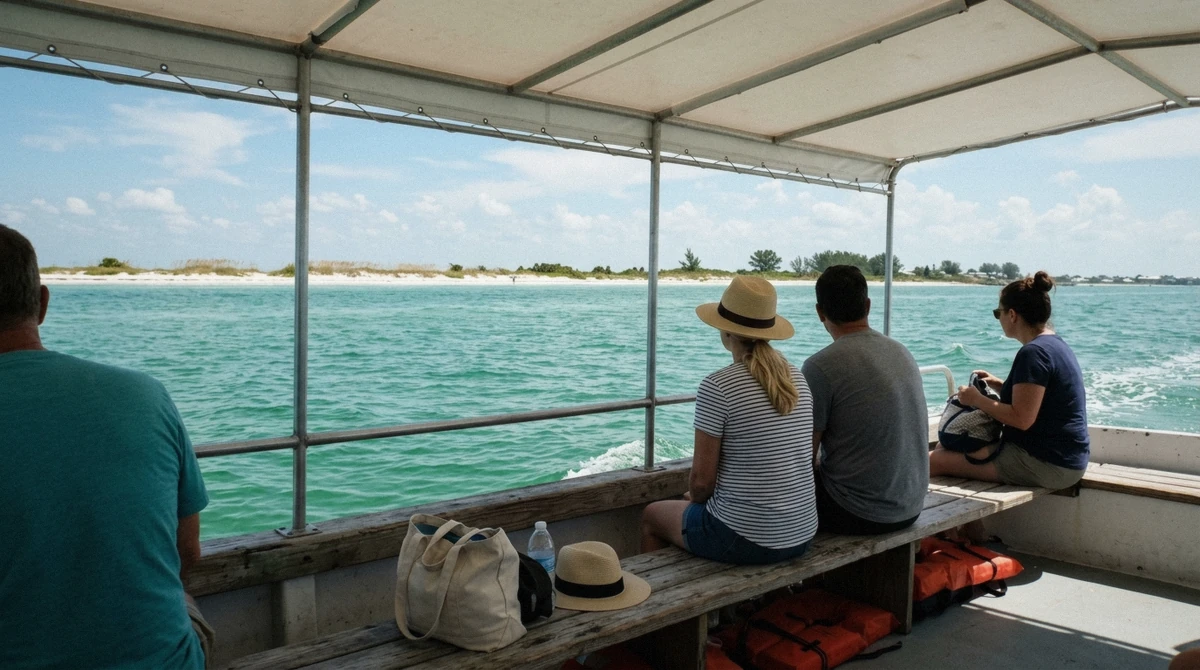 Passengers under the shade roof of a small tour boat watching dolphins on an Anna Maria Island dolphin tour near Longboat Key