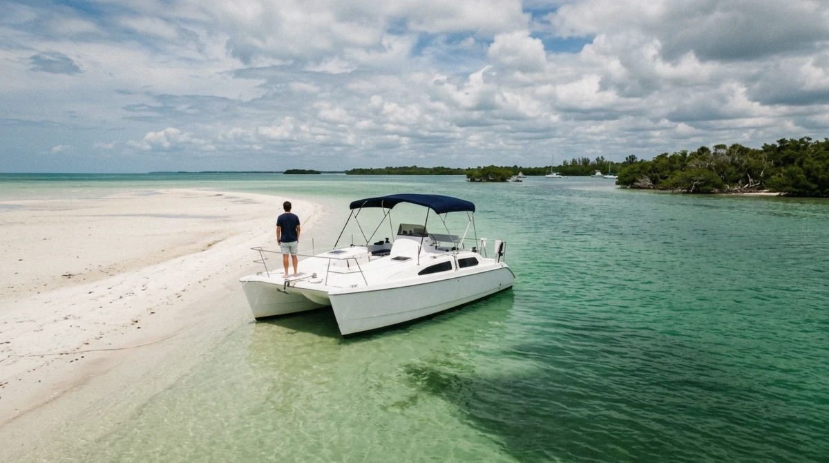 A private catamaran boat idling in clear shallow water near Jewfish Key on a private Anna Maria Island dolphin tour