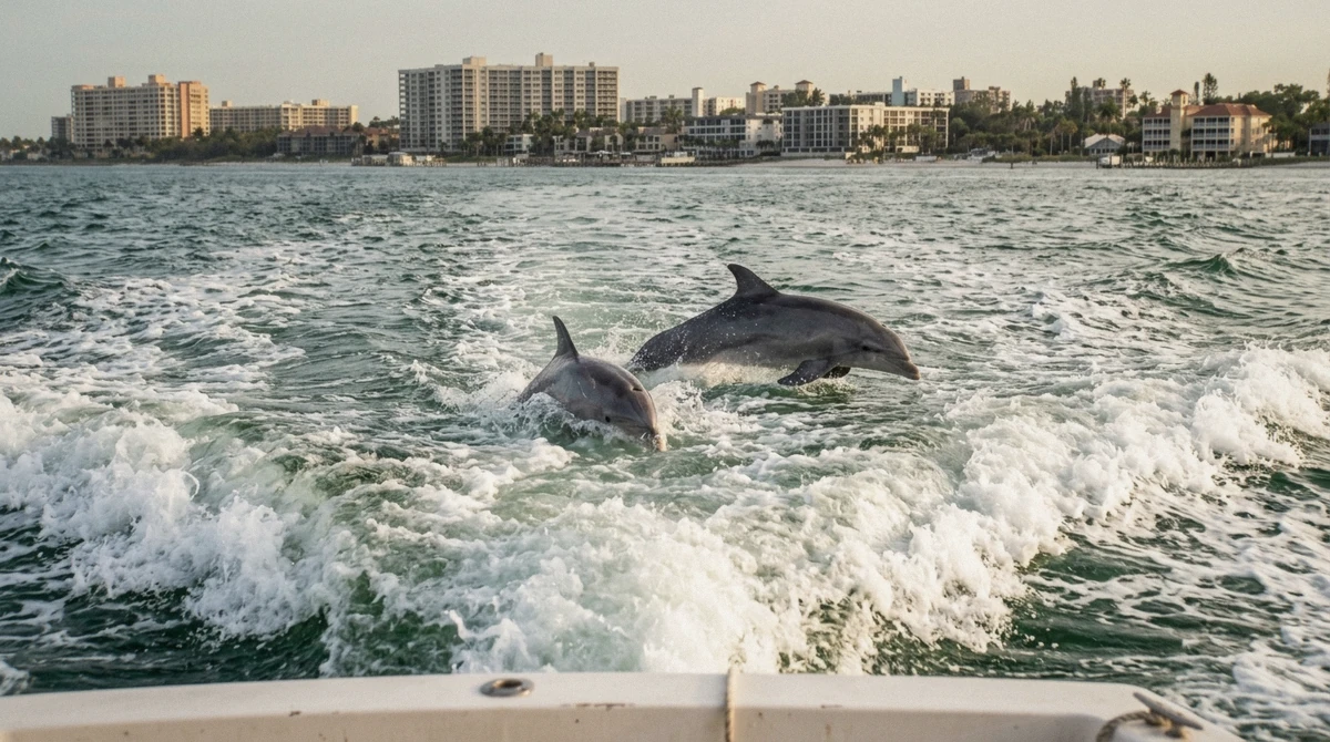 Dolphins riding the wake behind a private cabin cruiser on a private Anna Maria Island dolphin tour off Bradenton Beach